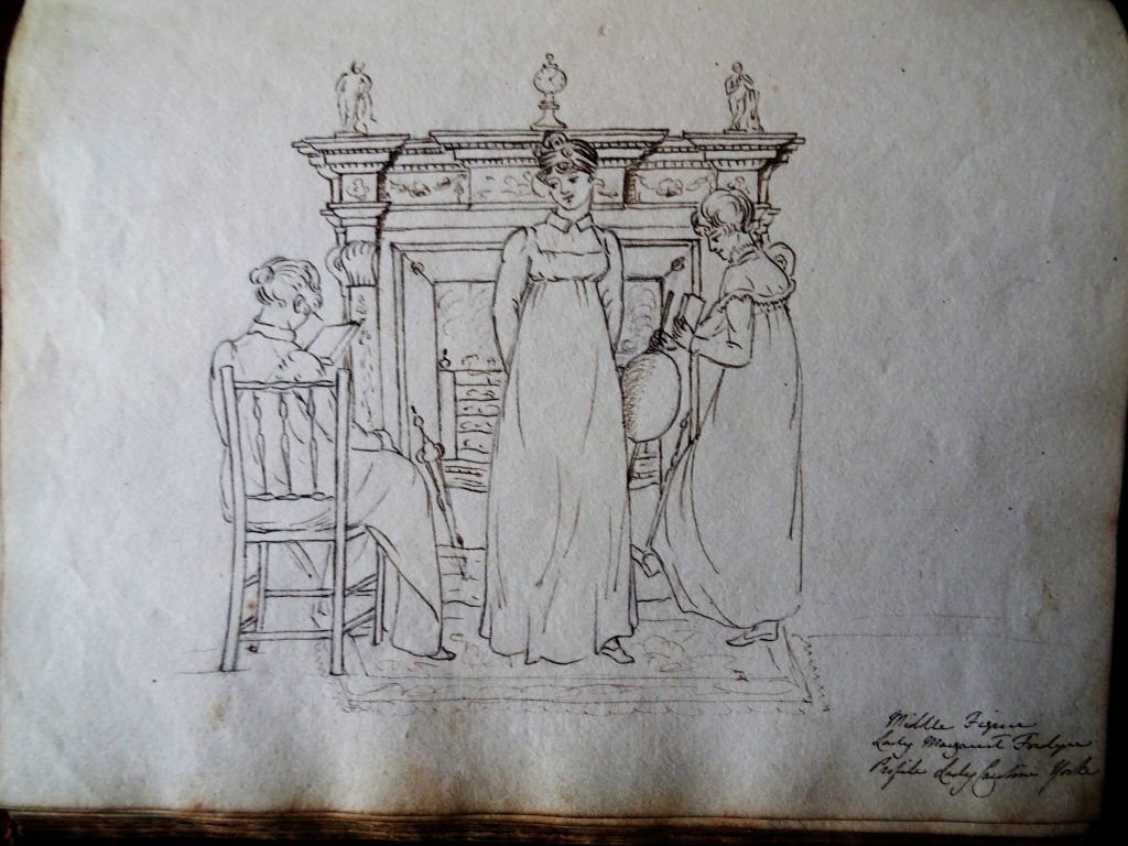 Sketch of a group of ladies clustered around a fireplace